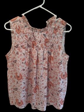 Ann Taylor - Women’s Sleeveless Smocked Neck Boho Paisley Top Coral Cream Size M